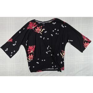 Clara Sun Woo Womens Black Asymmetrical Side Tie Blouse Floral Cherry Blossom M
